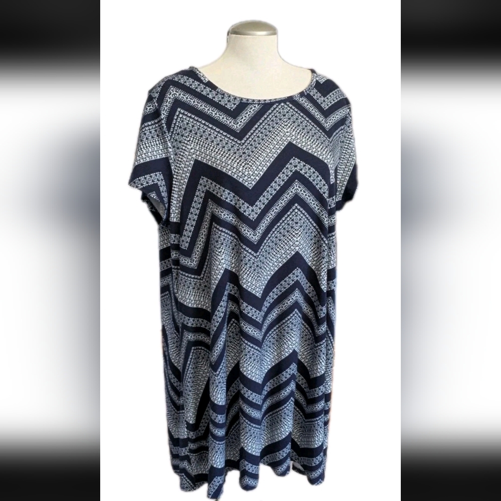 Allison Brittney Women's Dress Tunic 2X Blue & White Plus Size Short Sleeve